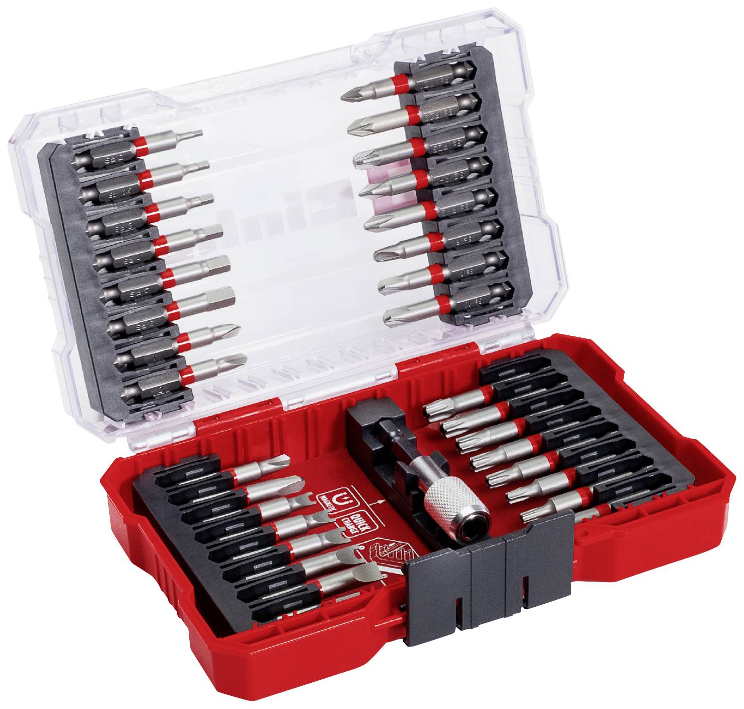 Bit holder set with various screw attachments in a red plastic case with a transparent lid. Perfect for DIY enthusiasts.