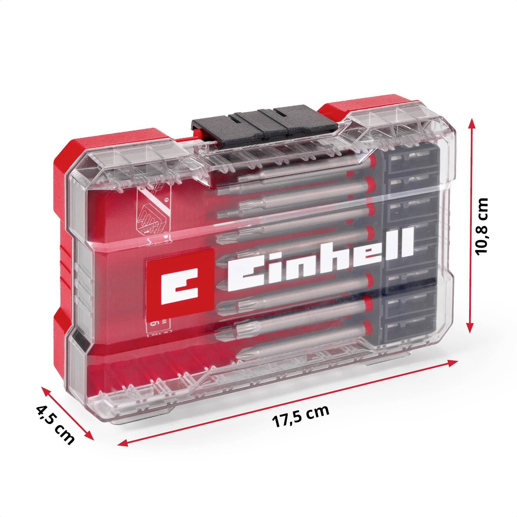'Einhell Bit Set' in a transparent plastic box measuring 17.5 x 10.8 x 4.5 cm. Contains various bits, well-organised.