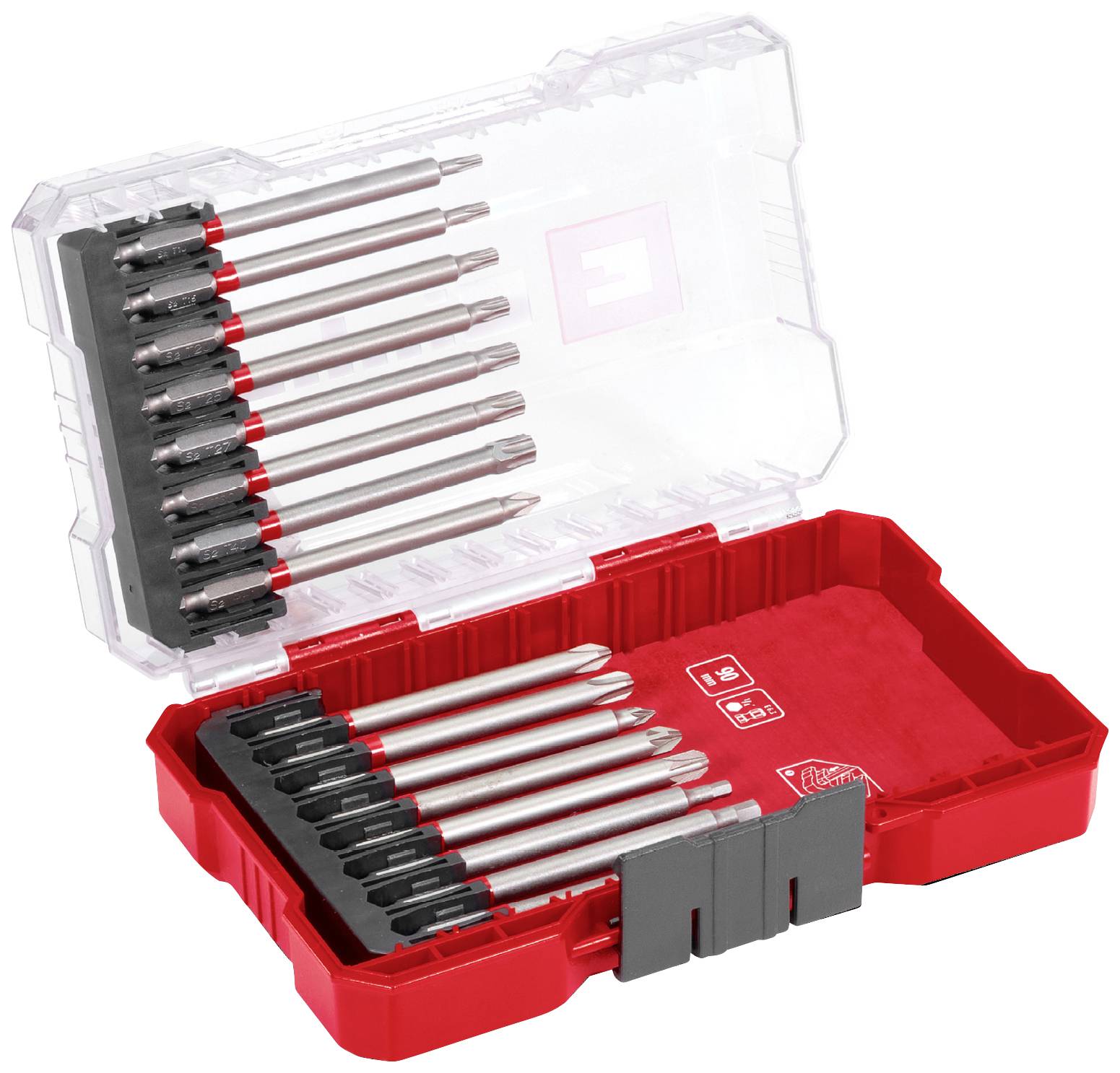 An open, transparent case with red accents holds twelve silver screwdriver bits in two rows, arranged by size.