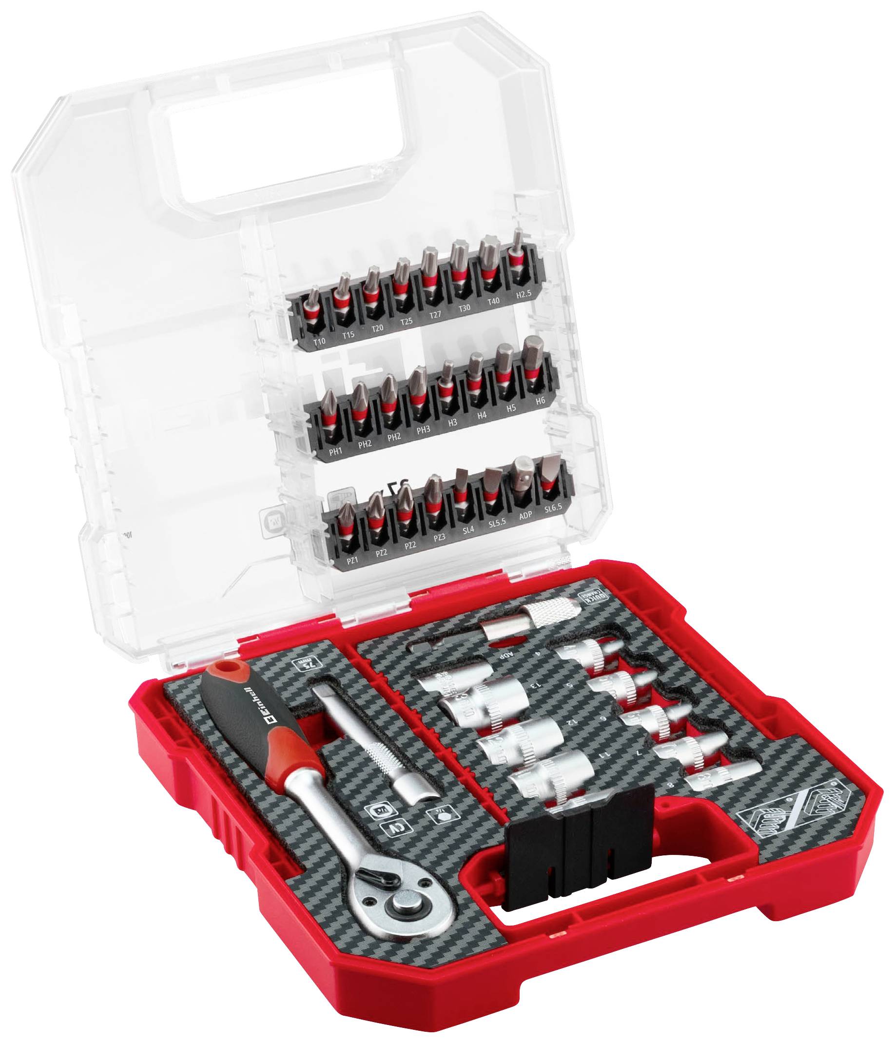 An open toolbox with a screwdriver handle, various bits and sockets; ideal for screwing and repairing.