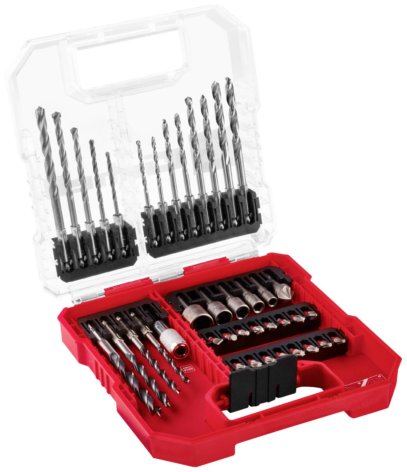 Drill bit set in a red plastic case with various drill bits and bits, suitable for wood, metal and concrete. Transparent lid.