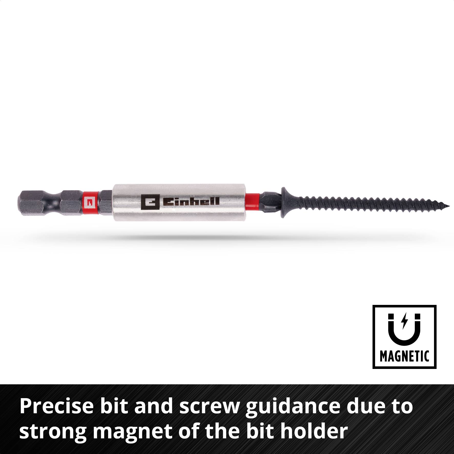 Einhell Bit Holder with Screw and Magnet, on a white background. Text: 'Precise Bit and Screw Guidance through Strong Magnets'