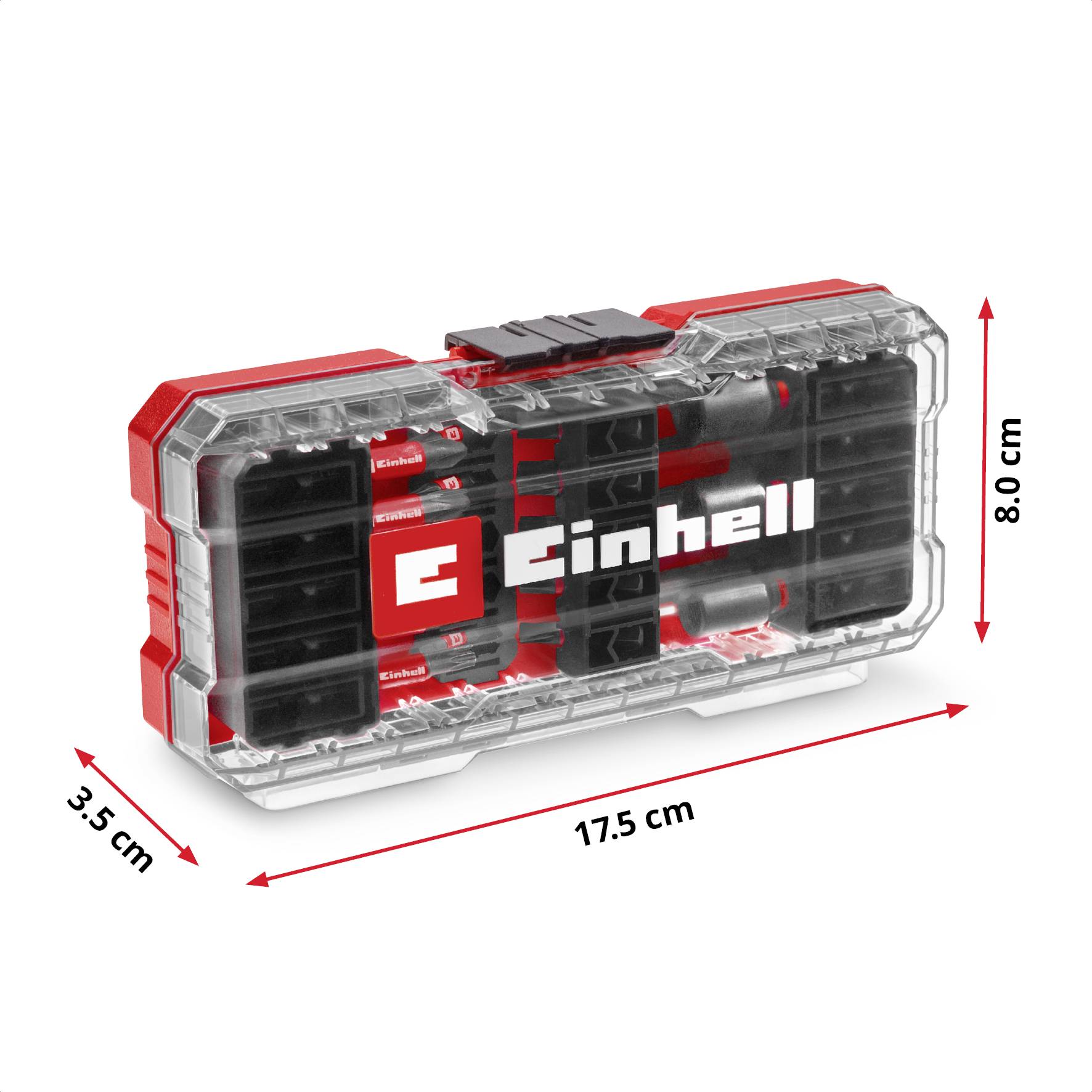 A transparent tool case by Einhell with bits and bit holder, measuring 17.5 cm in length, 8 cm in height and 3.5 cm in width.