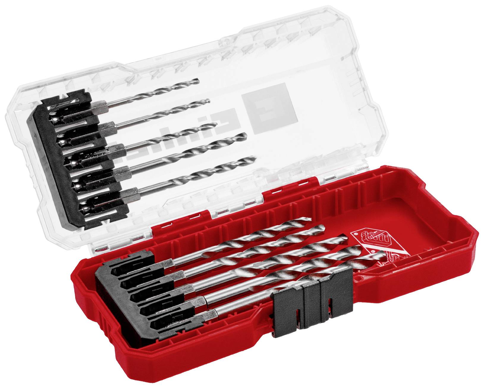 A set of seven drills in a half-open plastic box, arranged in slots; the box is red with a transparent lid.