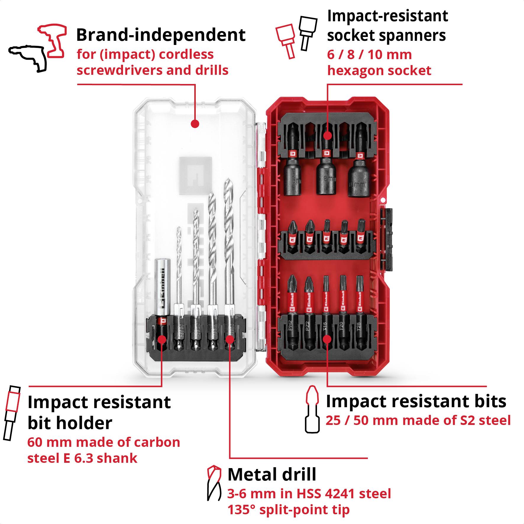 'Tool Set' with cordless screwdriver bit holder, socket wrenches, impact-resistant 60 mm, drill bits made of HSS high-speed steel and bits made of S2 steel.