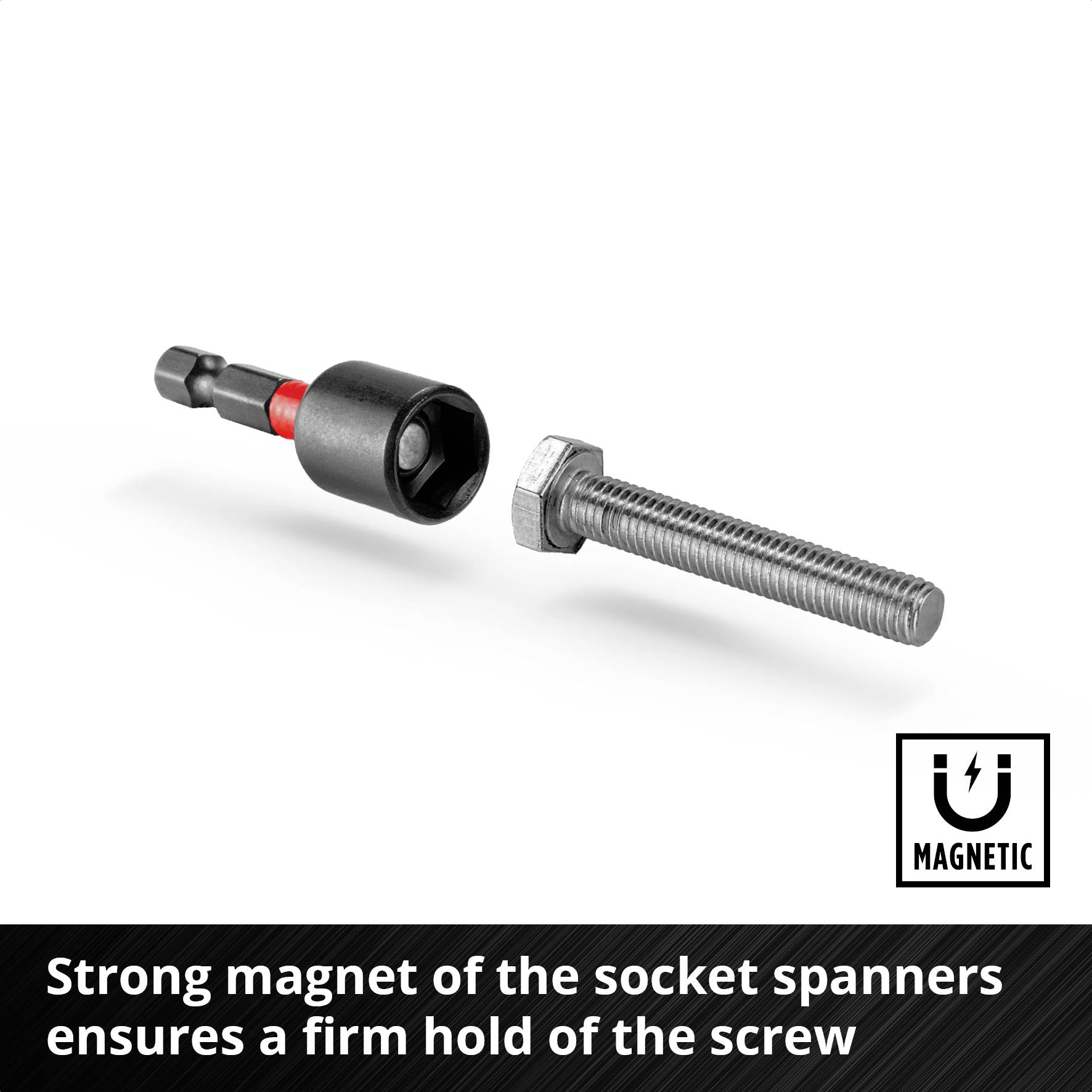 'Strong magnetic socket wrench ensures secure grip of the screw.' A socket wrench and a screw with magnetic function are shown.