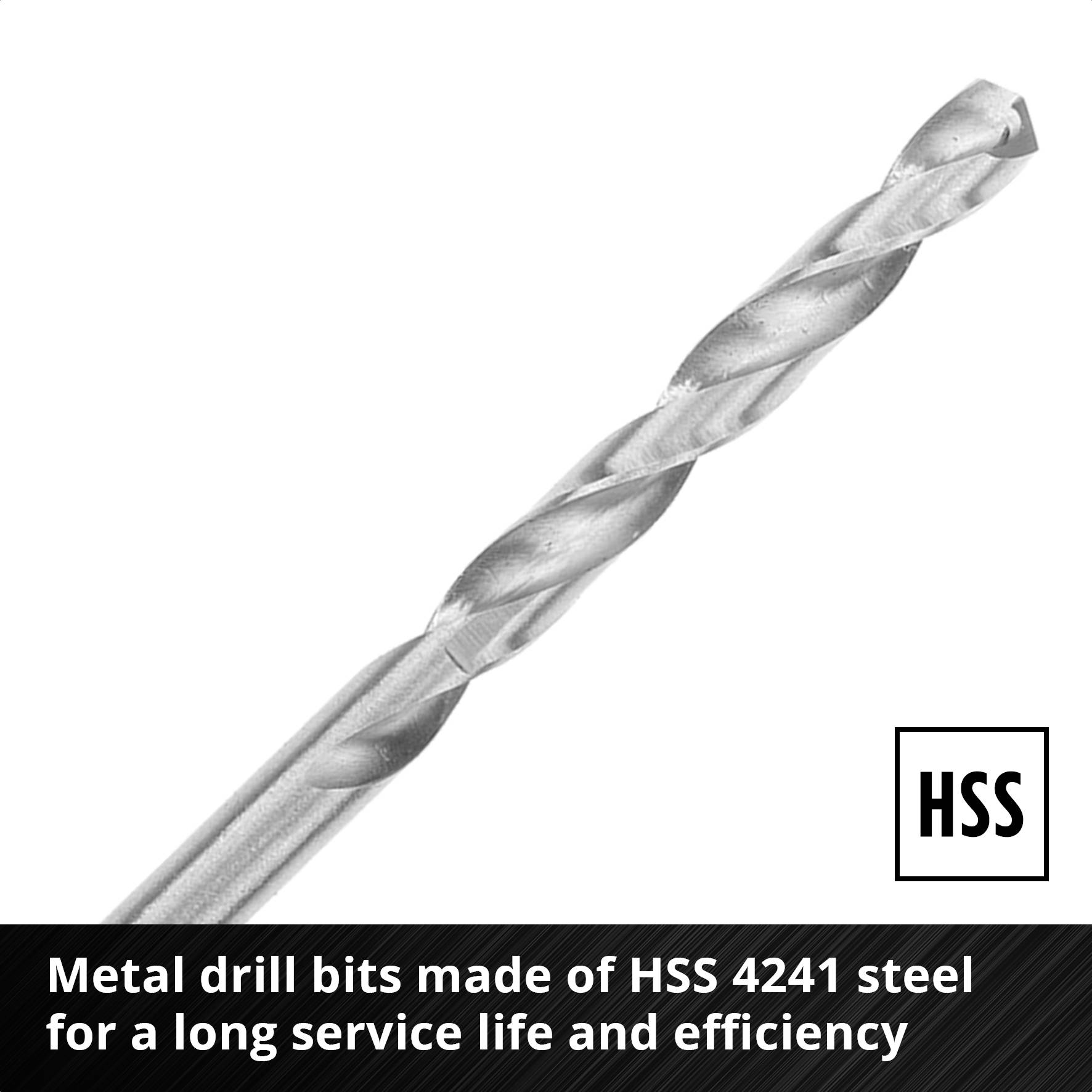 Metal drill bits made from HSS 4241 steel, displayed against a white background. Text emphasises the long service life and efficiency of the drill.
