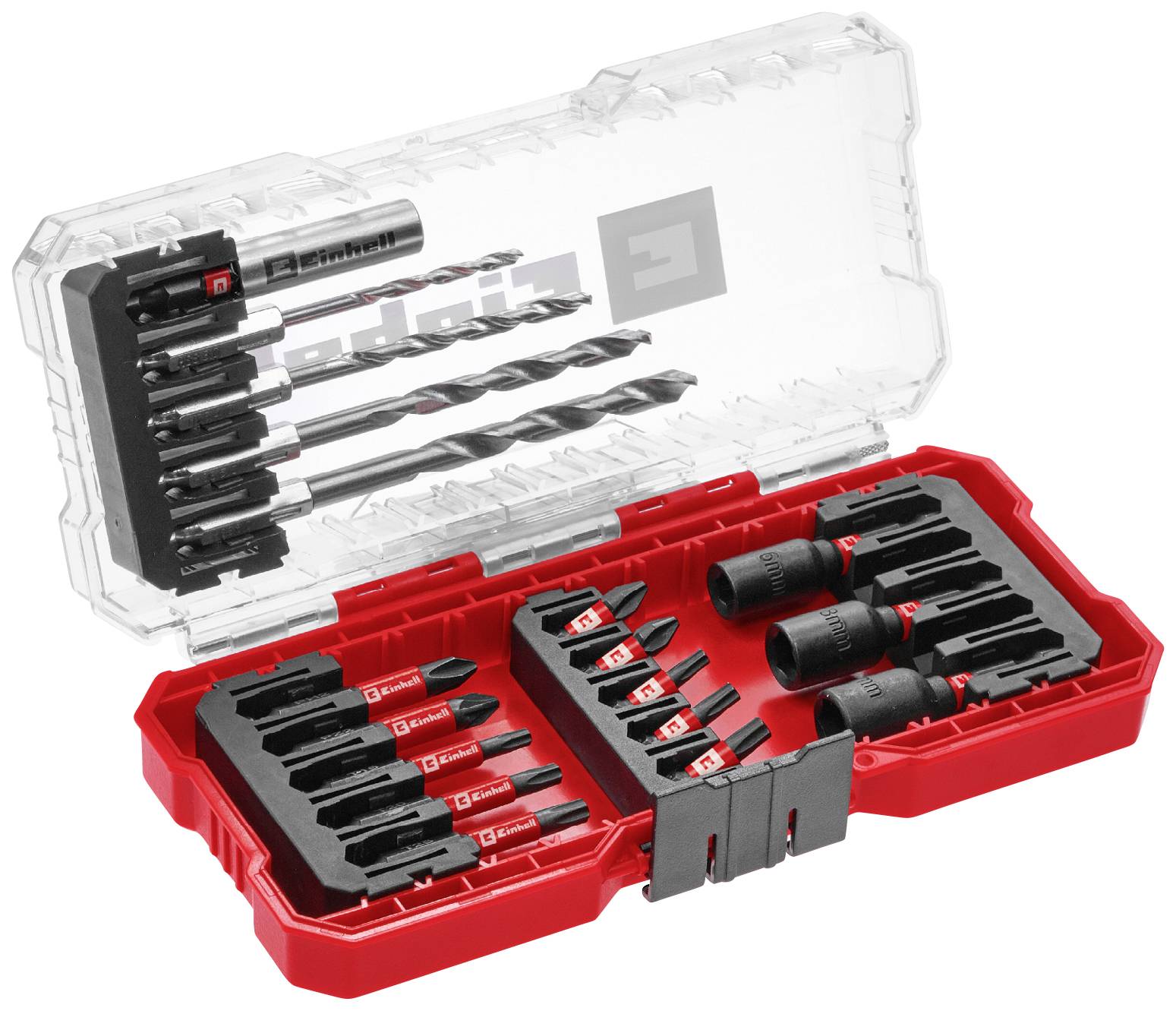 An opened red case with various drill and screw attachments in compartmentalised sections.