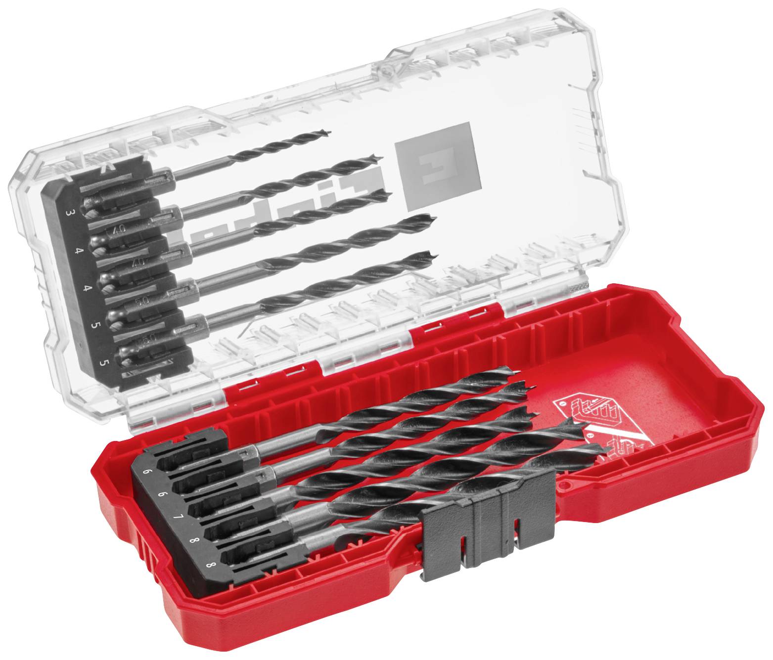 Drill bit set in an opened red plastic box, displaying various drill bit sizes arranged in slots.