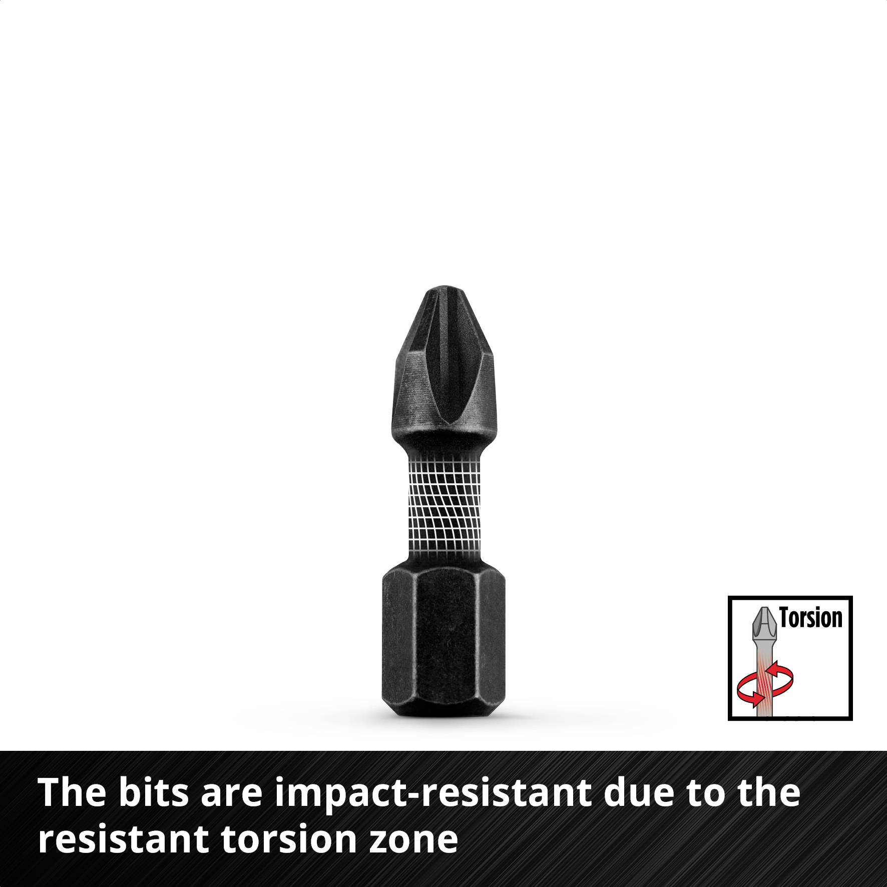 A black screwdriver bit with a torsion zone that is resilient and impact-resistant, set against a white background.