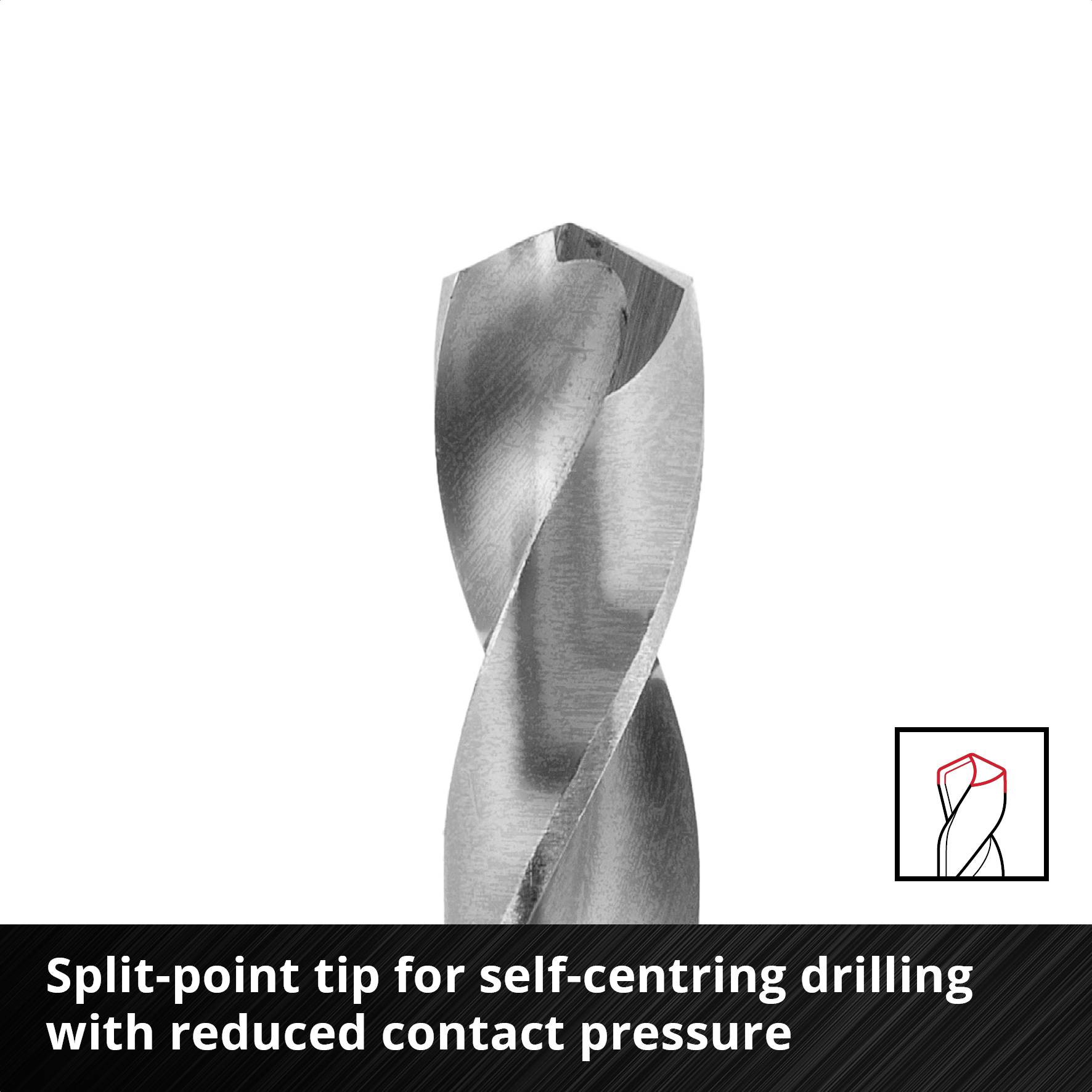 Drill bit with a split point tip for self-centring drilling, reducing pressing pressure.