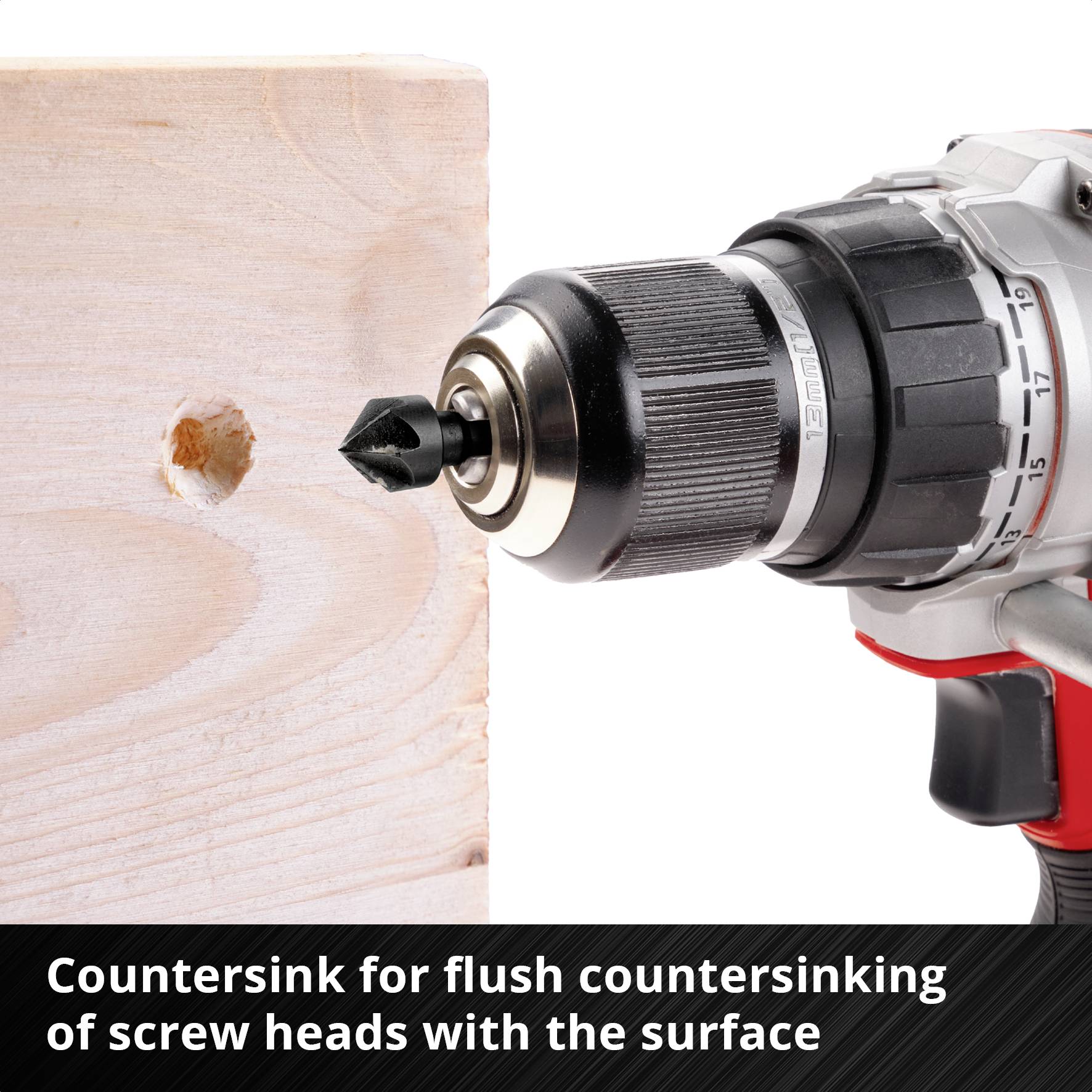 'Makita' cordless drill with countersink bit drilling a hole in a wooden board. Text below: 'Countersink for flush sinking of screw heads with the surface'.