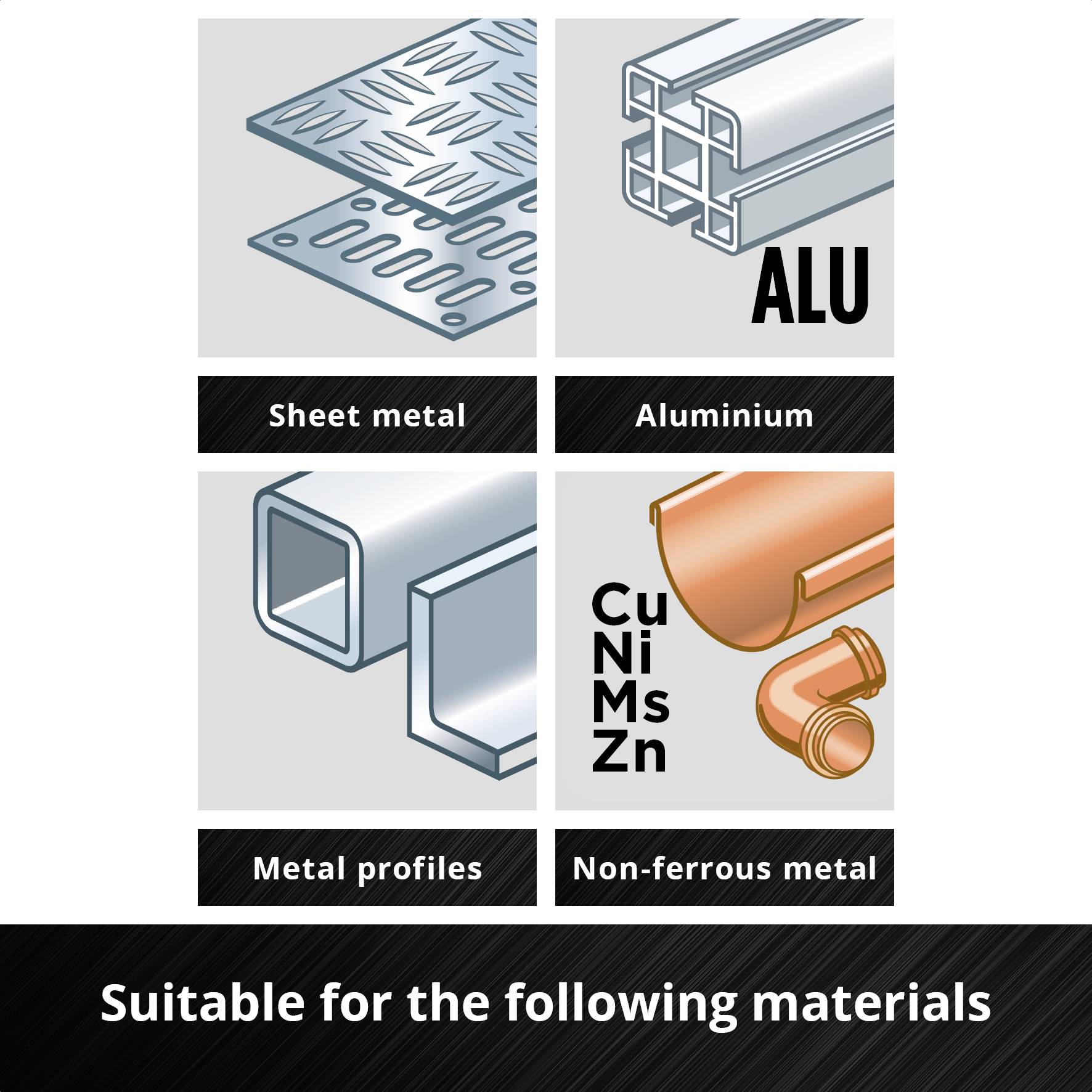 Suitable for sheet metal, aluminium, metal profiles and non-ferrous metals, illustrated by material graphics.
