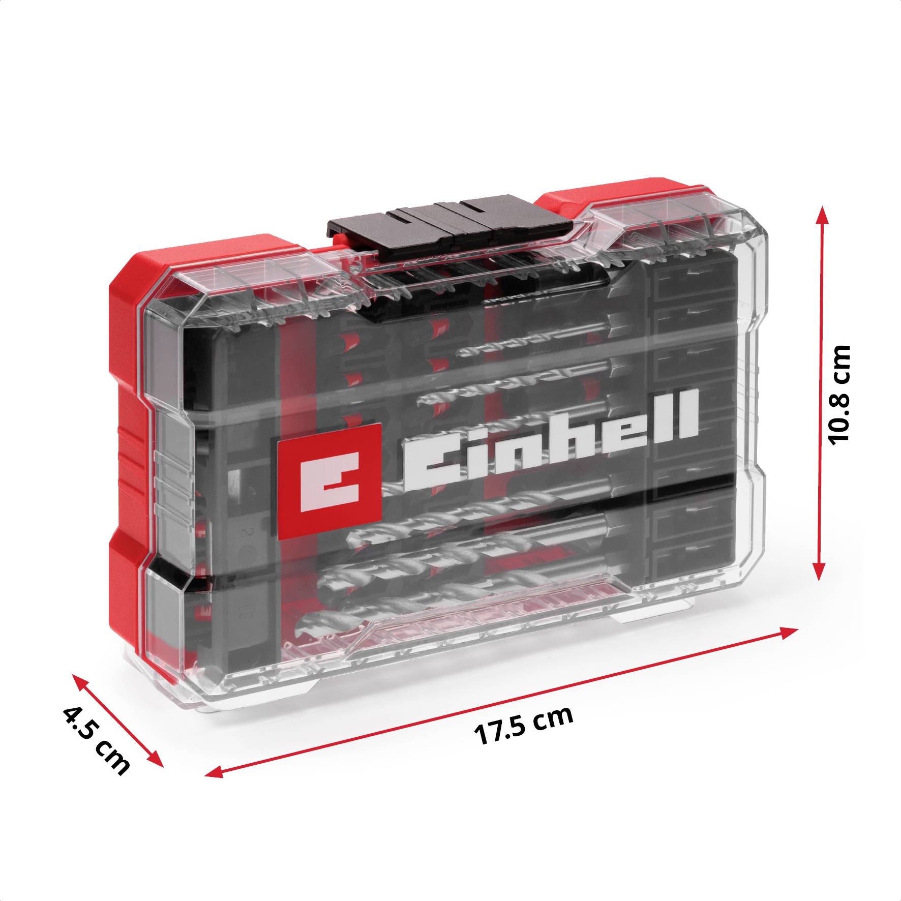 A clear case with red accents contains a drill and bit set. Dimensions: 17.5 cm x 10.8 cm x 4.5 cm. Brand logo visible.