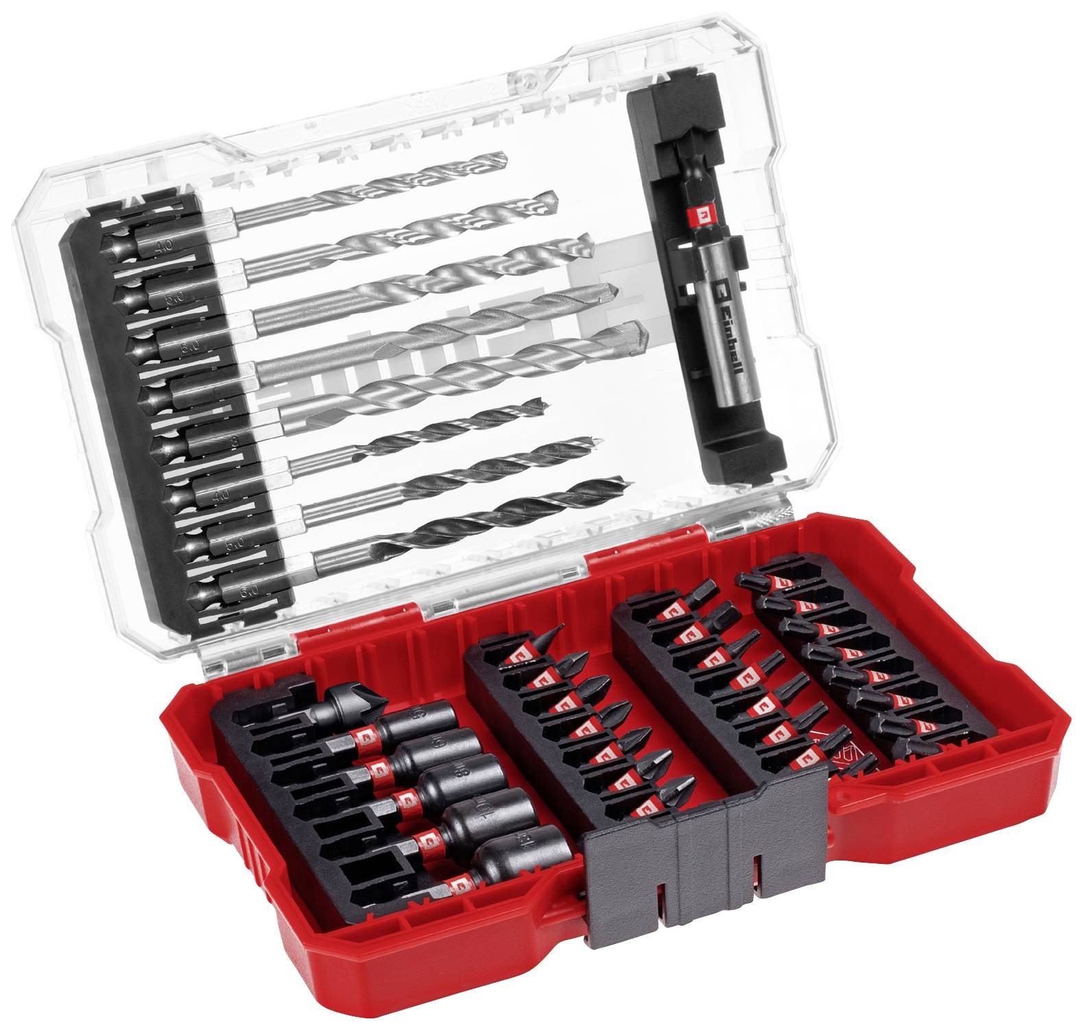 An open toolbox with various drill bits and screwdriver bits, arranged in a red plastic container.