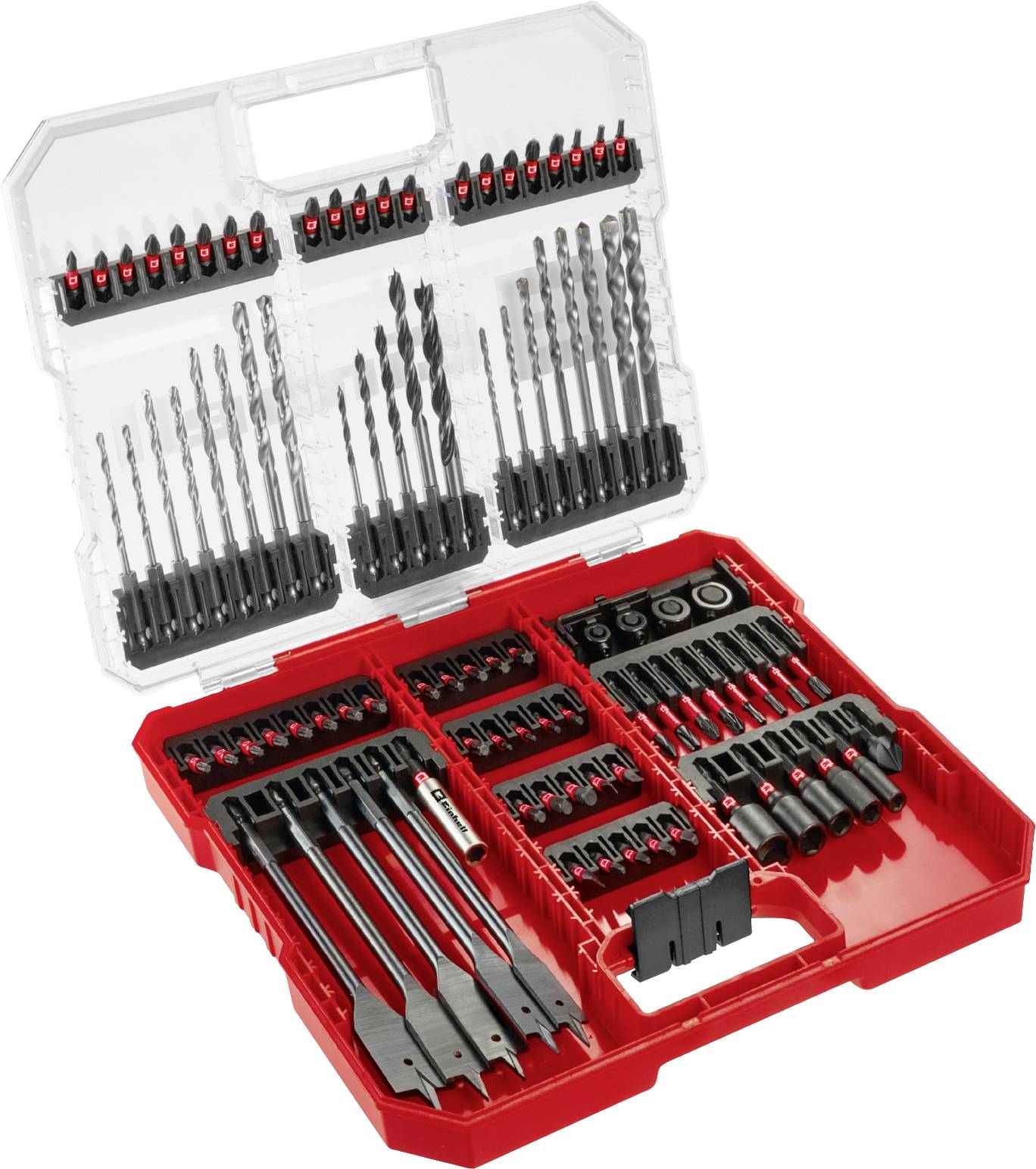 An opened toolset with various drill heads and bits, neatly arranged in a red case.