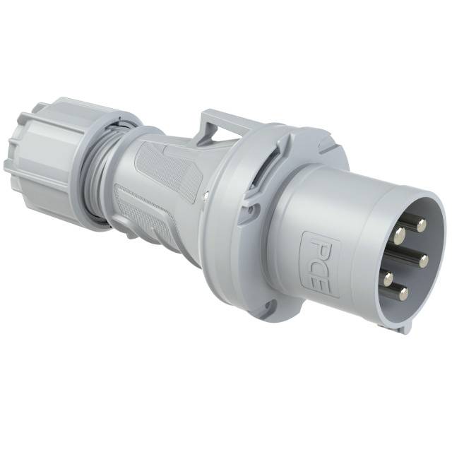 A grey industrial plug with three metal pins, suitable for high loads. The plug has ribbed grips and a robust construction.
