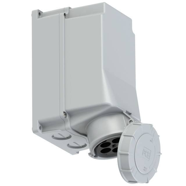 A grey, rectangular enclosure with a rounded, sealed lid and circular socket opening, suitable for industrial applications.
