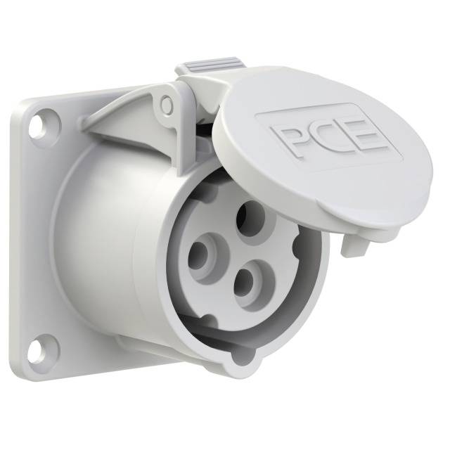 Round, white electrical socket with three round openings, mounted on a wall plate. The cover is raised and bears the 'PCE' logo.