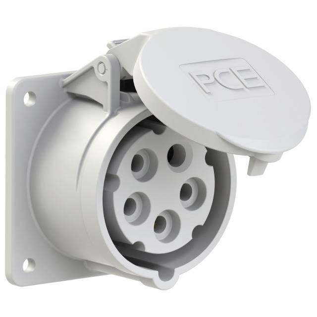 White industrial socket with hinged protective cover, wall-mounted, five round contact holes visible.