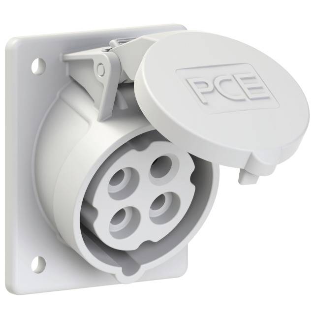 A white, industrial socket with four terminals and a rounded lid marked with 'PCE'.