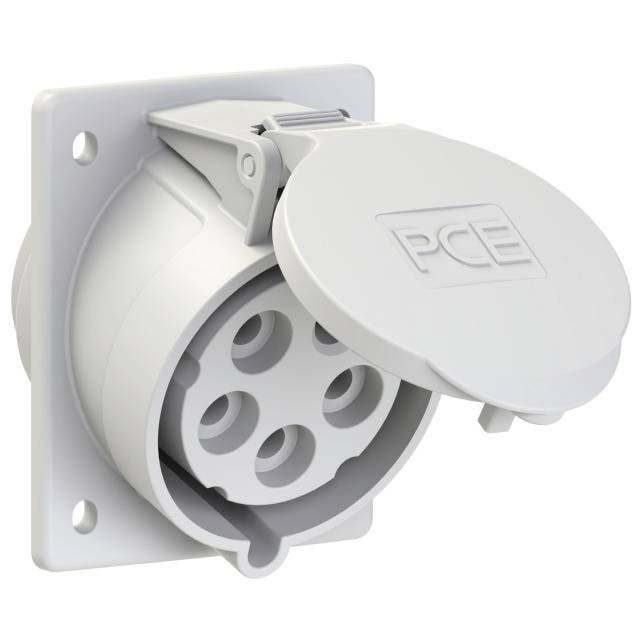 White electrical socket with cover and 'PCE' embossing, mounted on a wall plate. Suitable for industrial applications.