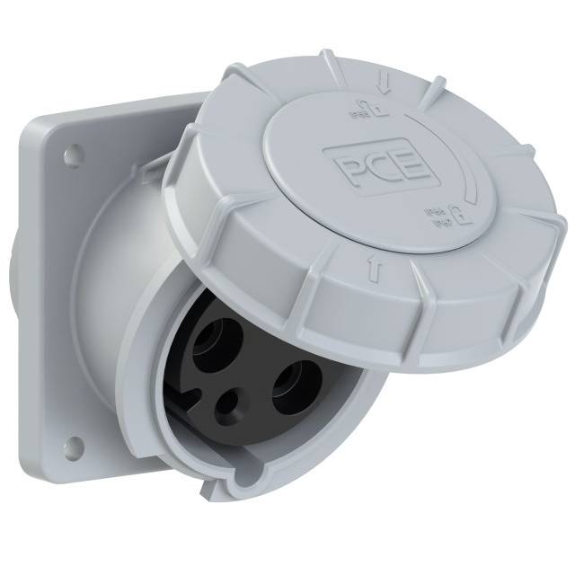 Grey electrical plug with a round casing and three holes, suitable for industrial applications. Brand logo 'PCE' visible on top.
