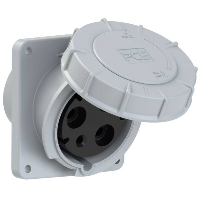 Grey, round socket with cover, showing three visible connection holes.