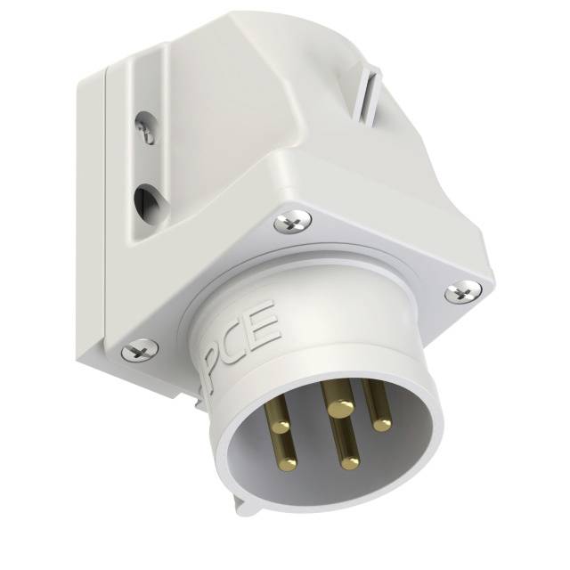 A white, angled industrial connector with three metal pins and two screws on the mounting plate.