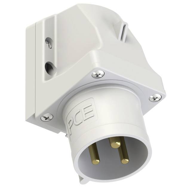 White three-pole socket with screw mounting, diagonal view, brand logo 'PCE' visible; suitable for electrical connections.
