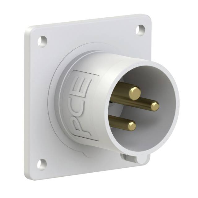 White three-pole socket with 'PCE' inscription, wall-mounted. Suitable for industrial applications.