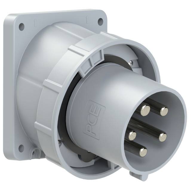 A grey industrial multi-pin socket designed for high electrical voltage. It is robust and engineered for outdoor use.