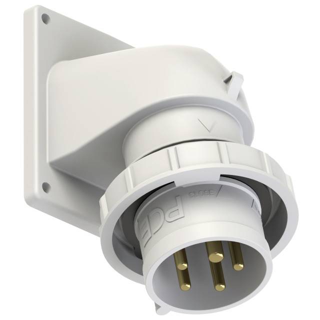 A white, angled plug with four gold-plated contacts. Wall-mounted, suitable for industrial applications.