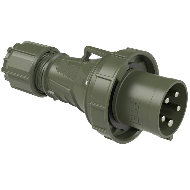 A green, cylindrical electrical plug with multiple metal pins, suitable for industrial applications.