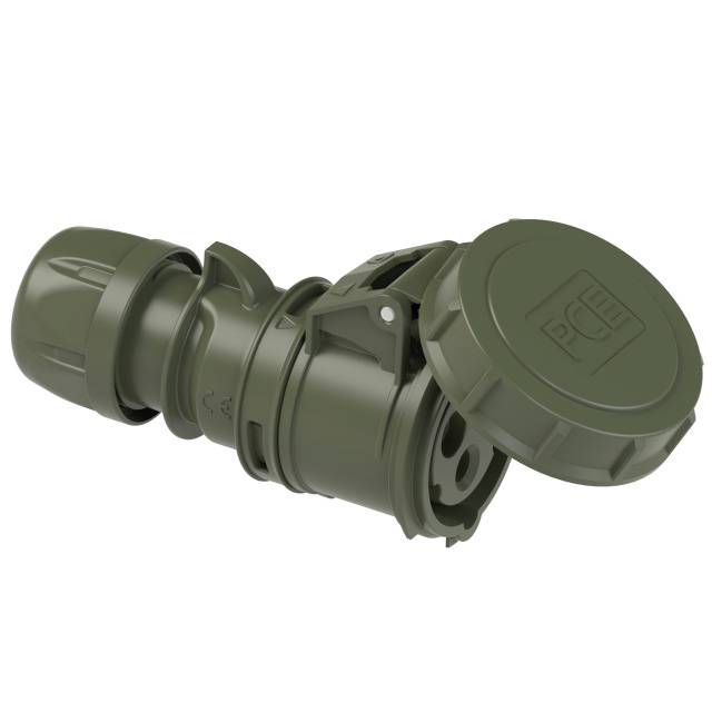 Green CEE plug with rotatable angle and bayonet lock, fitted with a rubber sleeve, suitable for harsh environmental conditions.