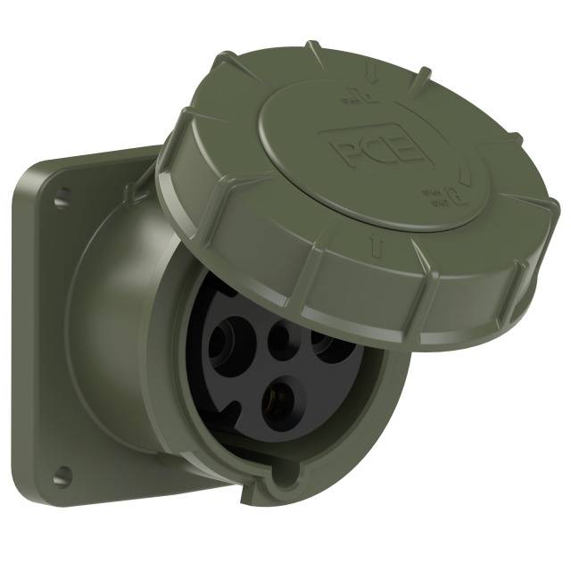Green round socket with removable cover. Has three round holes and is suitable for industrial applications.