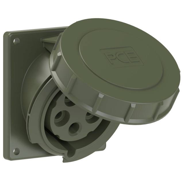 Green, round electrical socket with an open lid, showing plug contacts.