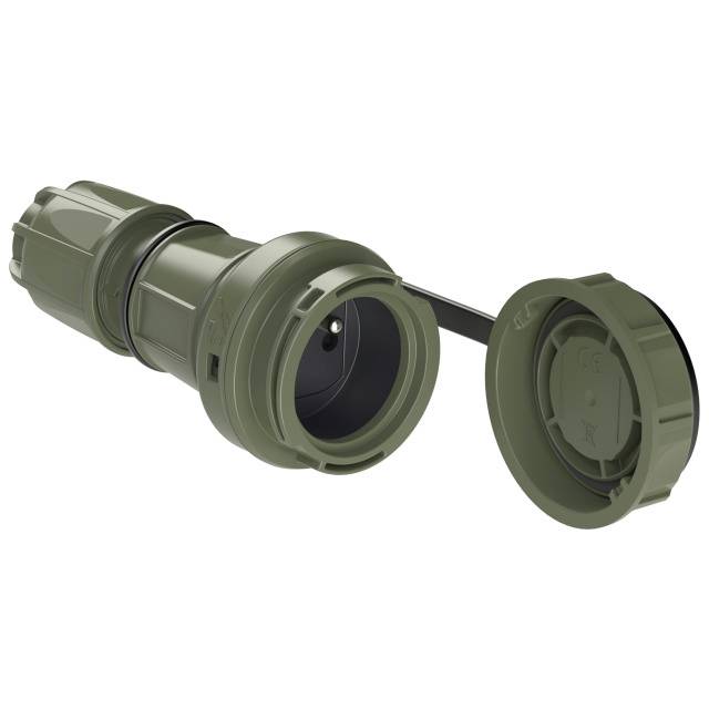 An opened, cylindrical, green object with a lid attached to the side. Possibly a container or tool.