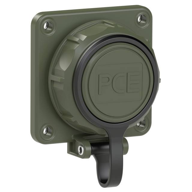 Green, square socket with a round cover, labelled 'PCE'. Used for electrical connection.