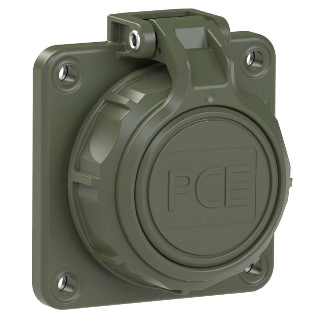 Green, square plastic socket with cover. PCE brand on the cover. Suitable for outdoor installations.