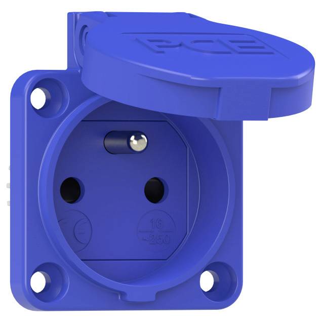 Blue earthed power socket with an open cover, suitable for Europe, showing the earth connection and two electrical contacts.