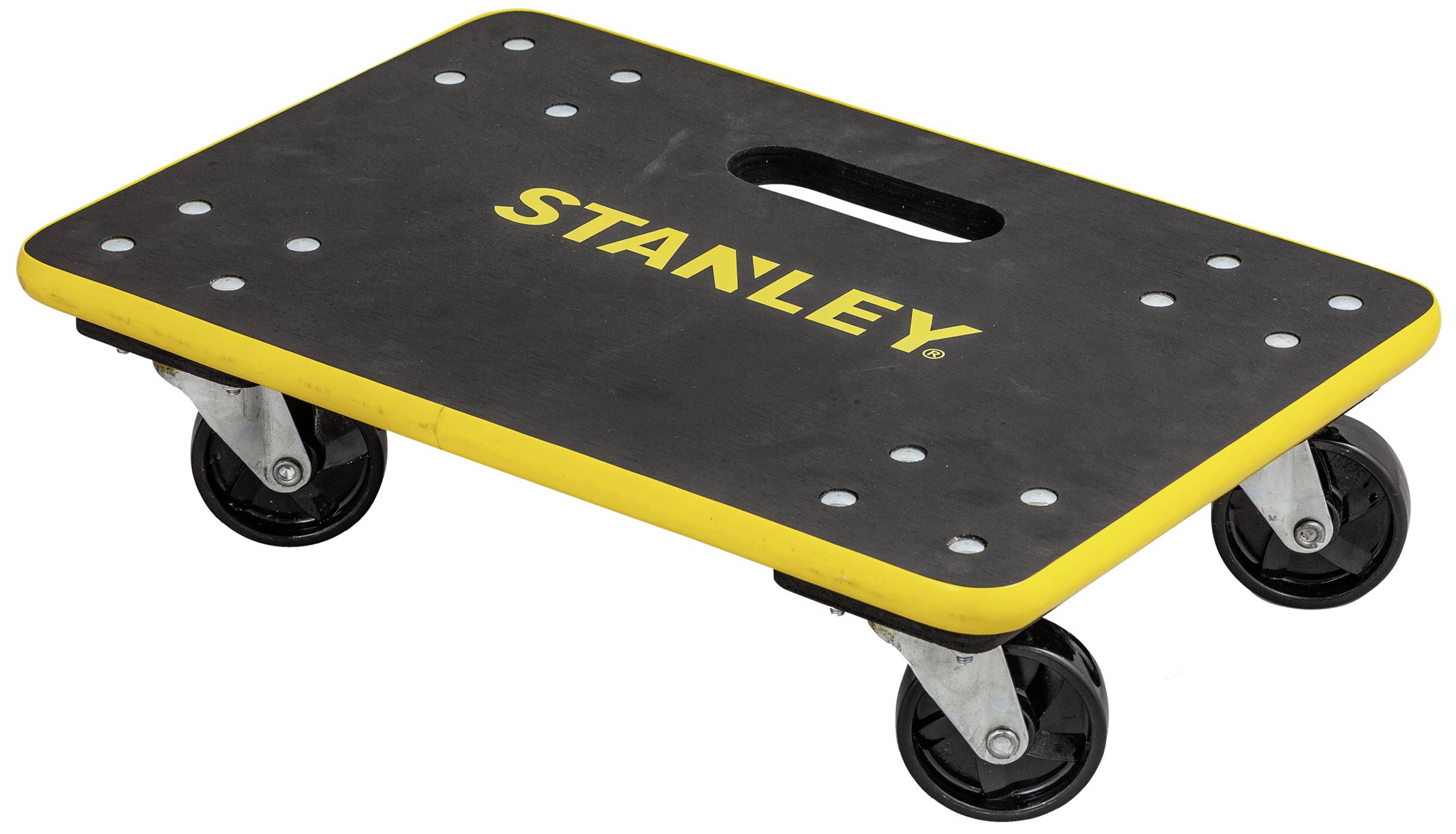 Black transport trolley with a yellow border, the name 'Stanley' in the centre. Four steering castors and a handle hole.