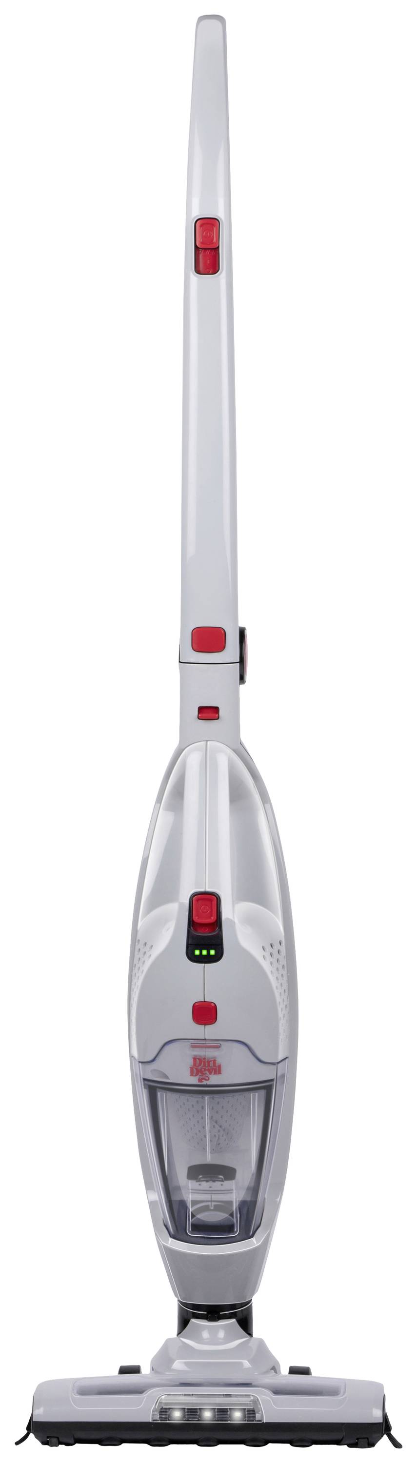 A grey cordless vacuum cleaner stands upright. It has red buttons and a transparent compartment for the dust container.