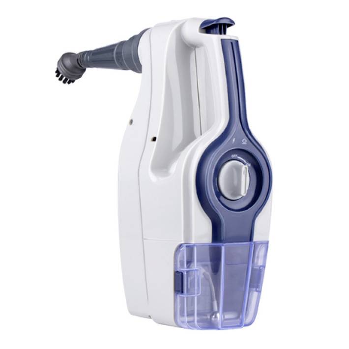 Portable white handheld vacuum cleaner with a blue handle and transparent dust compartment, suitable for small cleaning tasks.
