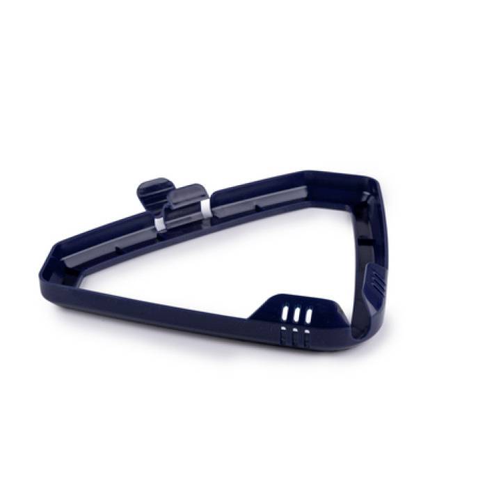 A triangular, dark blue plastic frame with a handle and ventilation slots, possibly part of a household appliance.