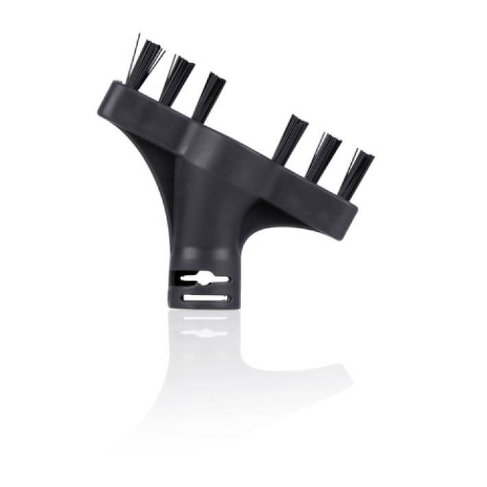 Black steam cleaner attachment with stiff bristles, designed for cleaning grout and hard-to-reach areas.