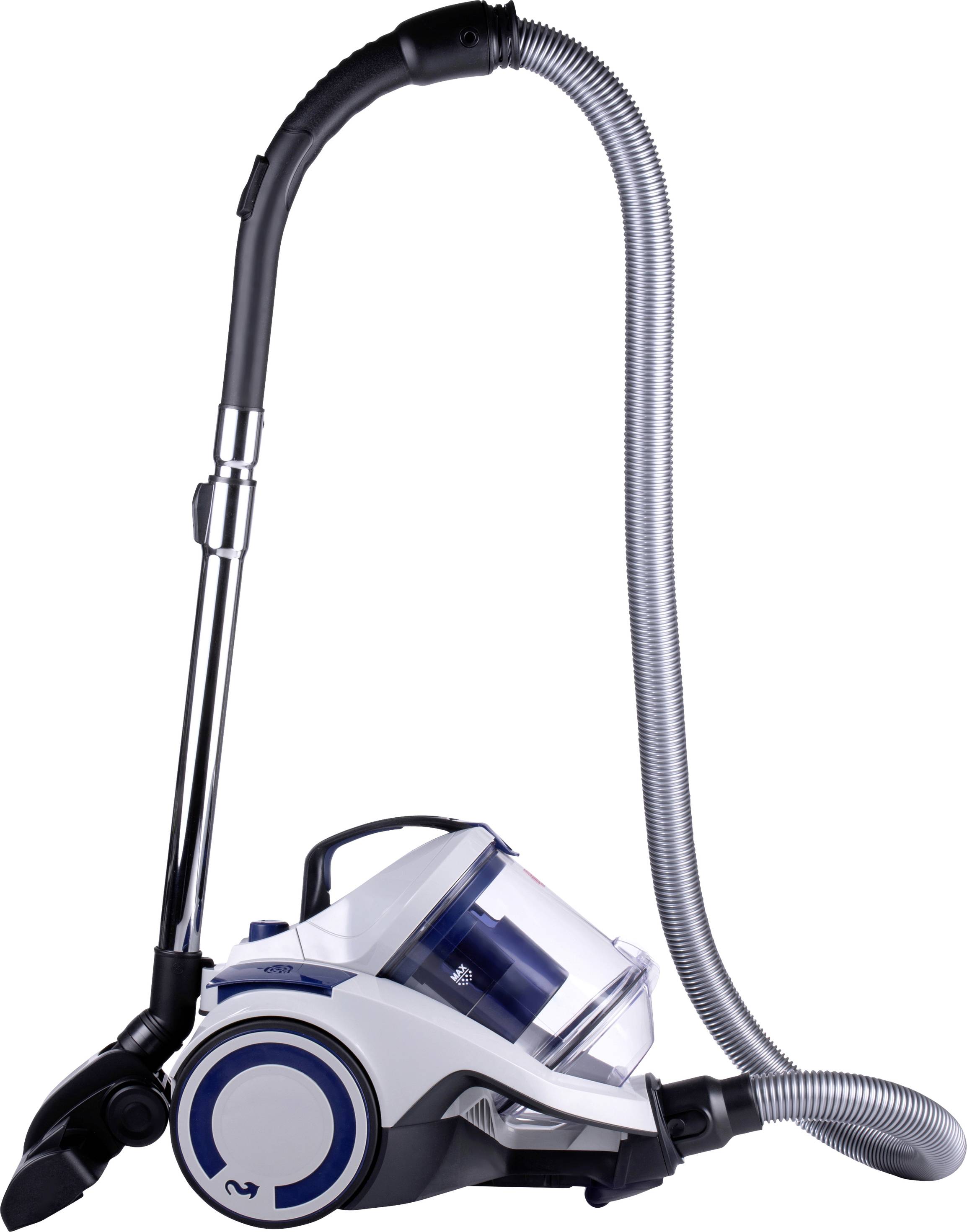 Bagless floor vacuum cleaner with transparent dust container, flexible hose and multi-stage filter.