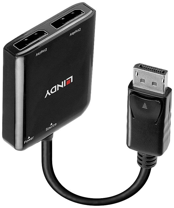 A black DisplayPort adapter with two display outputs.