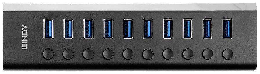 A black USB hub with ten blue USB 3.0 ports in a row. The brand name 'Lindy' is printed on the left side.
