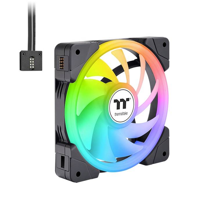 A computer case fan with RGB lighting, illuminating in various colours. Cable connection visible in the top left.